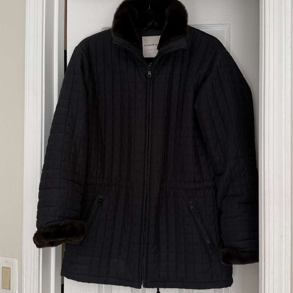 Andrew Marc Black Quilted Jacket with Fur Detail